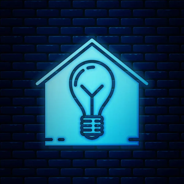 Icona luminosa al neon Smart house e lampadina isolata su sfondo murale in mattoni. Illustrazione vettoriale — Vettoriale Stock