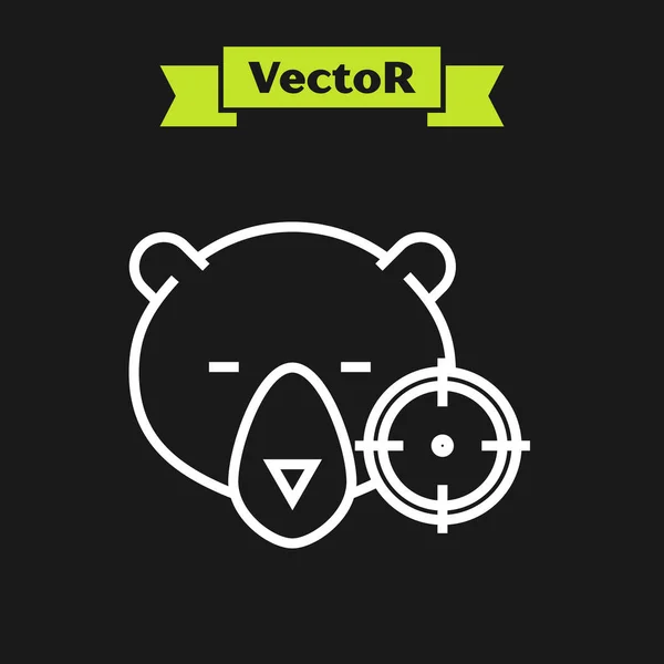 Linha branca Caça no urso com ícone de mira isolado no fundo preto. Logotipo de clube de caça com urso e alvo. Lente de espingarda apontando um urso. Ilustração vetorial — Vetor de Stock