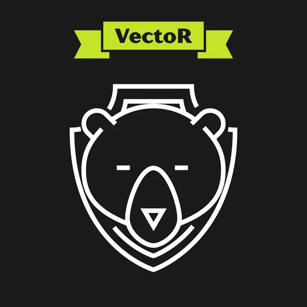 Línea blanca Cabeza de oso en el icono del escudo aislado sobre fondo negro. Trofeo de caza en la pared. Ilustración vectorial — Vector de stock