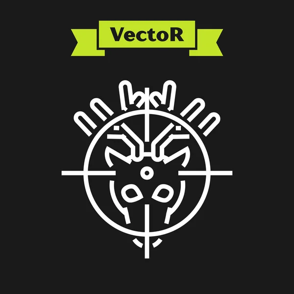 Línea blanca Caza en ciervo con icono de punto de mira aislado sobre fondo negro. Logotipo del club de caza con ciervos y objetivo. Lente de rifle apuntando a un ciervo. Ilustración vectorial — Vector de stock