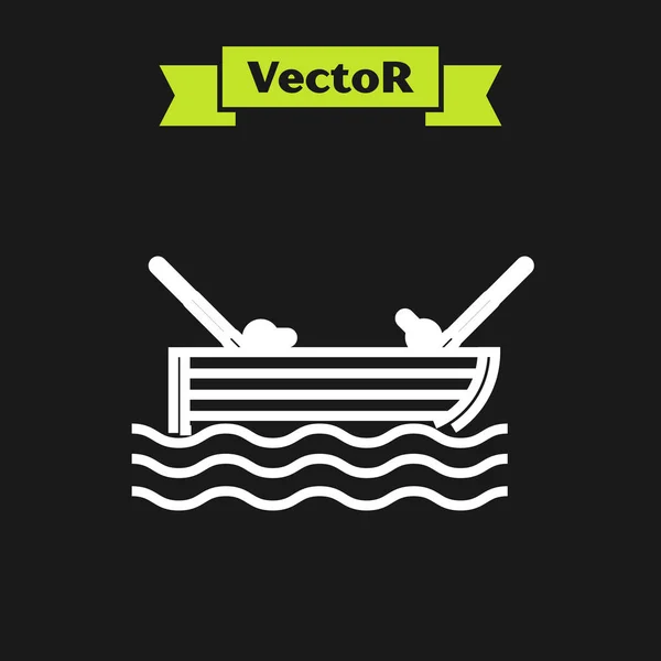 Weiße Leine Fischerboot mit Angelrute auf dem Wasser Symbol isoliert auf schwarzem Hintergrund. Vektorillustration — Stockvektor