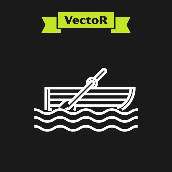 Beyaz çizgi Siyah arka plan üzerinde izole su simgesi üzerinde kürek ile Balıkçı teknesi. Vektör İllüstrasyonu — Stok Vektör