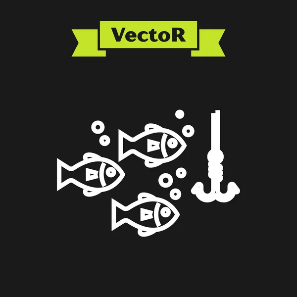 Linie albă Cârlig de pescuit sub apă cu pictogramă de pește izolată pe fundal negru. Pescuitul. Vector Illustration — Vector de stoc