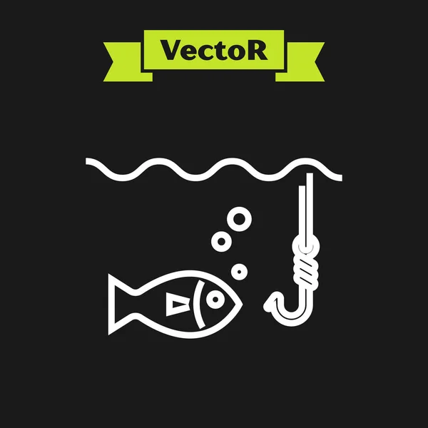 Ligne blanche Crochet de pêche sous l'eau avec icône de poisson isolé sur fond noir. Matériel de pêche. Illustration vectorielle — Image vectorielle