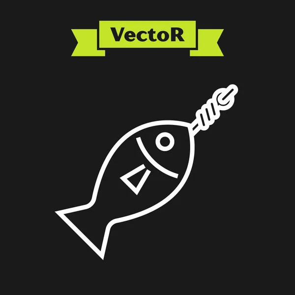 Línea blanca Pescado en icono de gancho aislado sobre fondo negro. Ilustración vectorial — Vector de stock