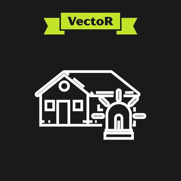 Weiße Linie Smart House und Alarmsymbol isoliert auf schwarzem Hintergrund. Sicherheitssystem des Smart Home. Vektorillustration — Stockvektor