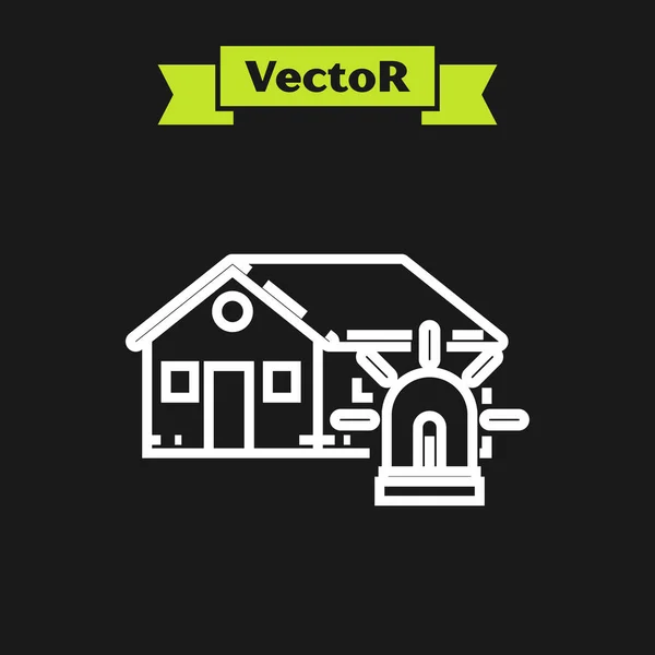 Linha branca Ícone de casa e alarme inteligente isolado no fundo preto. Sistema de segurança de casa inteligente. Ilustração vetorial — Vetor de Stock