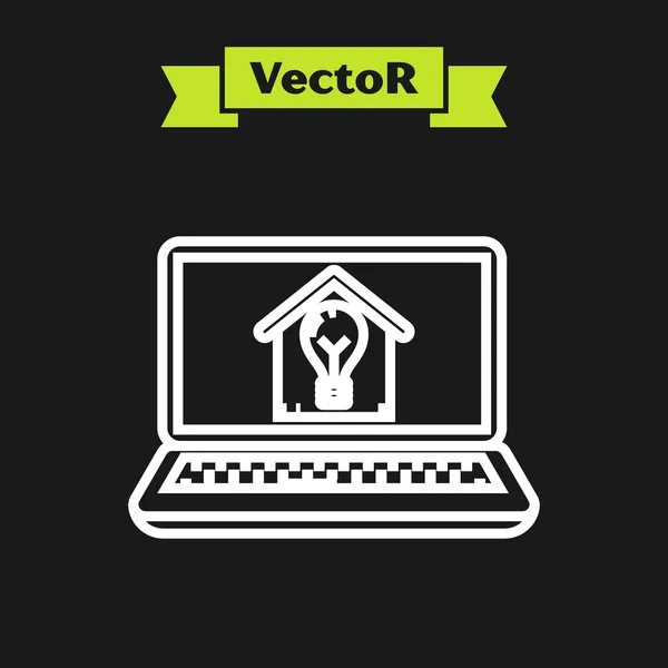 Línea blanca Laptop con casa inteligente y bombilla icono aislado sobre fondo negro. Ilustración vectorial — Vector de stock