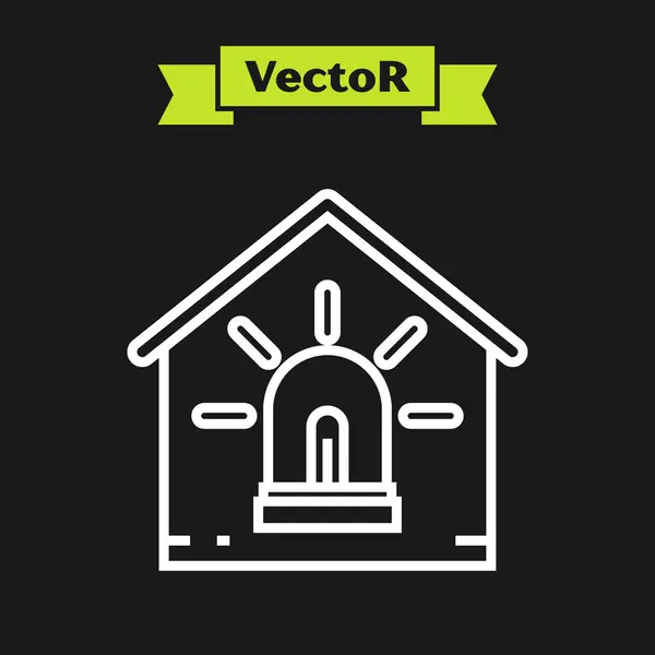 Weiße Linie Smart House und Alarmsymbol isoliert auf schwarzem Hintergrund. Sicherheitssystem des Smart Home. Vektorillustration — Stockvektor