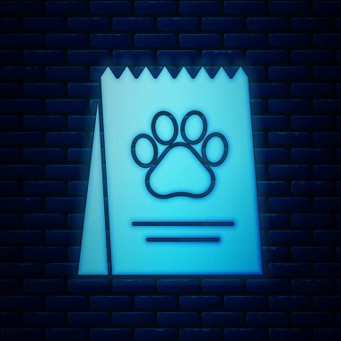 Tuğla duvar arka plan izole köpek simgesi için gıda Parlayan neon Çanta. Köpek ya da kedi pençesi izi. Hayvanlar için yiyecek. Evcil hayvan yiyecek paketi. Vektör İllüstrasyonu