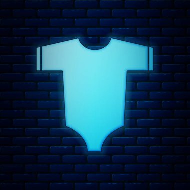 Parlayan neon Bebek giysi simgesi tuğla duvar arka plan izole. Kız ve erkek bebek kıyafetleri. Bebek bodysuit. Vektör İllüstrasyonu