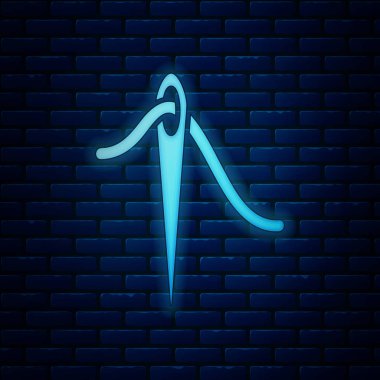 Duvarda izole edilmiş iplik simgesiyle dikmek için parlayan neon iğnesi. Terzi sembolü. Tekstil el sanatları tabelasını diker. Nakış aletleri. Vektör İllüstrasyonu