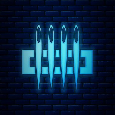 Işıldayan neon iğnesi, tuğla duvar arkasında izole edilmiş bir ikon dikmek için. Terzi sembolü. Tekstil el sanatları tabelasını diker. Nakış aletleri. Vektör İllüstrasyonu