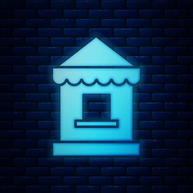 Parlayan neon Bilet gişe simgesi tuğla duvar arka plan izole. Konumlar ve spor için bilet satışı için bilet standı. Vektör İllüstrasyonu