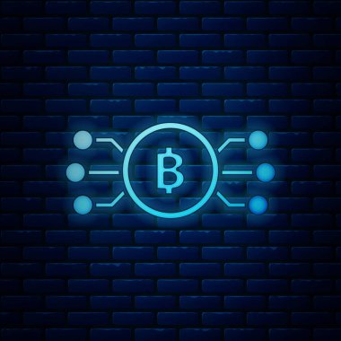 Tuğla duvar arka planda izole mikroçip devre simgesi ile daire içinde parlayan neon Cryptocurrency bitcoin. Blockchain teknolojisi, dijital para piyasası. Vektör İllüstrasyonu