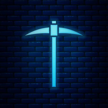 Tuğla duvar arka planda izole parlayan neon Kazma simgesi. Blockchain teknolojisi, kripto para madenciliği, bitcoin, dijital para piyasası, kripto para cüzdanı. Vektör İllüstrasyonu