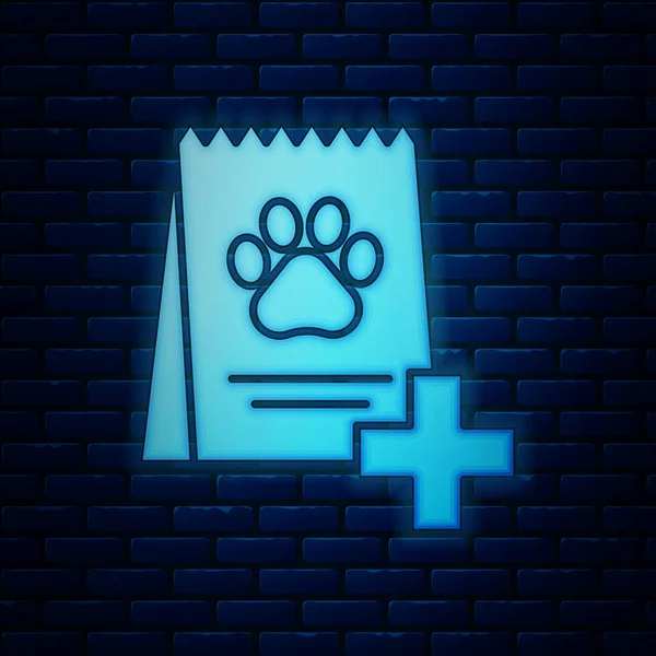 Glödande Neon påse av mat för hund ikonen isolerad på tegelvägg bakgrunden. Hund eller katt tass avtrycken. Mat för djur. Mat paket för sällskapsdjur. Vektor illustration — Stock vektor