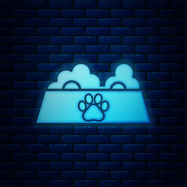 Glödande Neon sällskapsdjur mat skål för katt eller hund ikonen isolerad på tegel mur bakgrunden. Hund eller katt tass avtrycken. Vektor illustration — Stock vektor