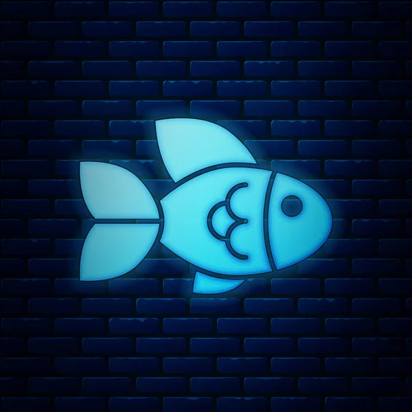 Ícone de peixe neon brilhante isolado no fundo da parede de tijolo. Ilustração vetorial — Vetor de Stock