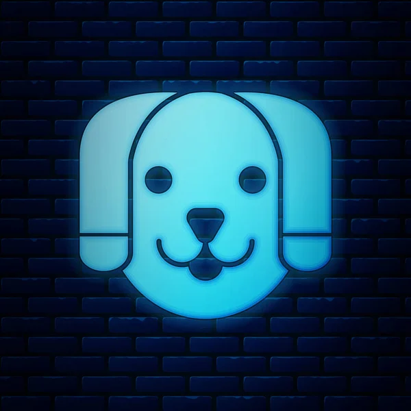 Ícone de cachorro de néon brilhante isolado no fundo da parede de tijolo. Ilustração vetorial —  Vetores de Stock