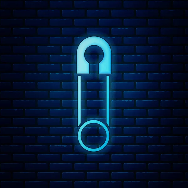 Glowing neon Classic closed steel safety pin icon isolated on brick wall background. Vector Illustration — Stock Vector