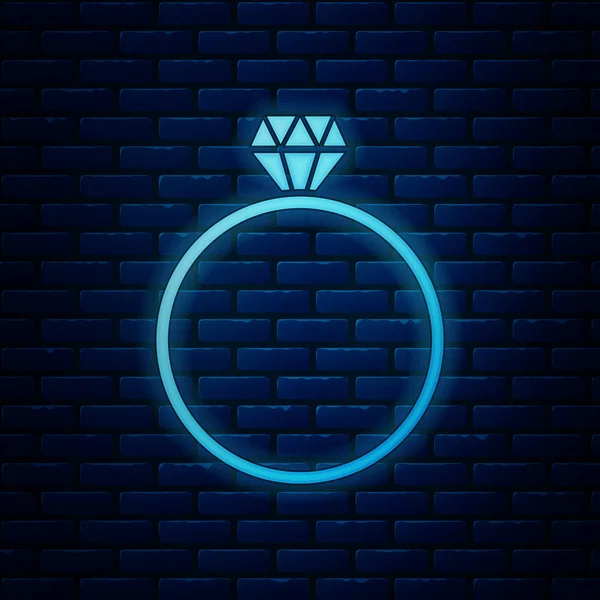 Gloeiende neon Diamond engagement ring pictogram geïsoleerd op bakstenen muur achtergrond. Vectorillustratie — Stockvector