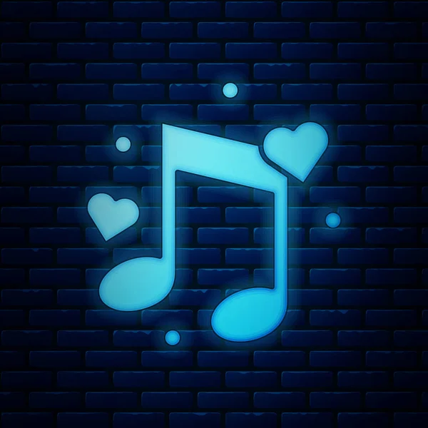 Nota de música de néon brilhante, tom com corações ícone isolado no fundo da parede de tijolo. Ilustração vetorial — Vetor de Stock