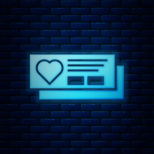 Gloeiende neon ticket met hart pictogram geïsoleerd op bakstenen muur achtergrond. Instapkaart met hart. Vector illustratie — Stockvector