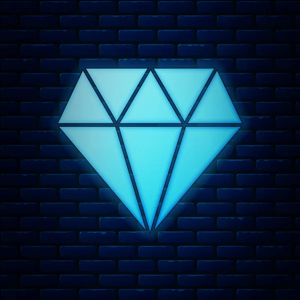 Gloeiende neon diamant pictogram geïsoleerd op bakstenen muur achtergrond. Sieraden symbool. Gem steen. Vector illustratie — Stockvector