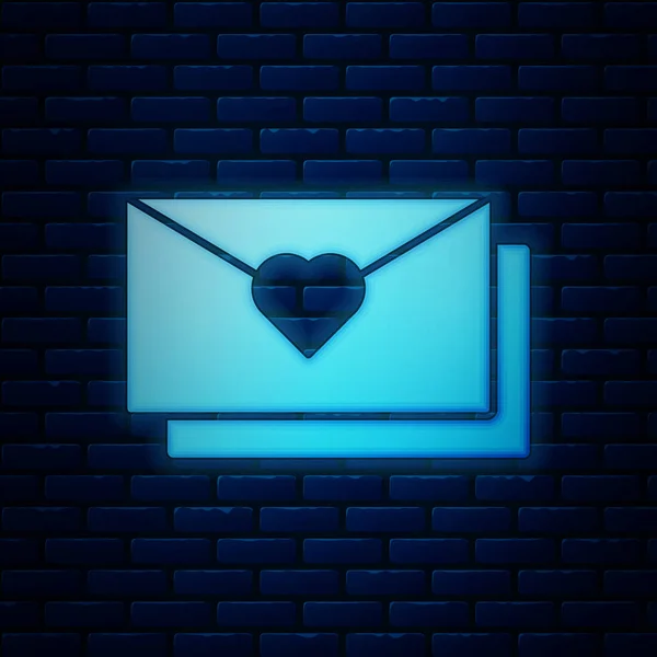 Enveloppe lumineuse néon avec icône de coeur Valentine isolée sur fond de mur de briques. Message d'amour. Lettre d'amour et de romance. Illustration vectorielle — Image vectorielle