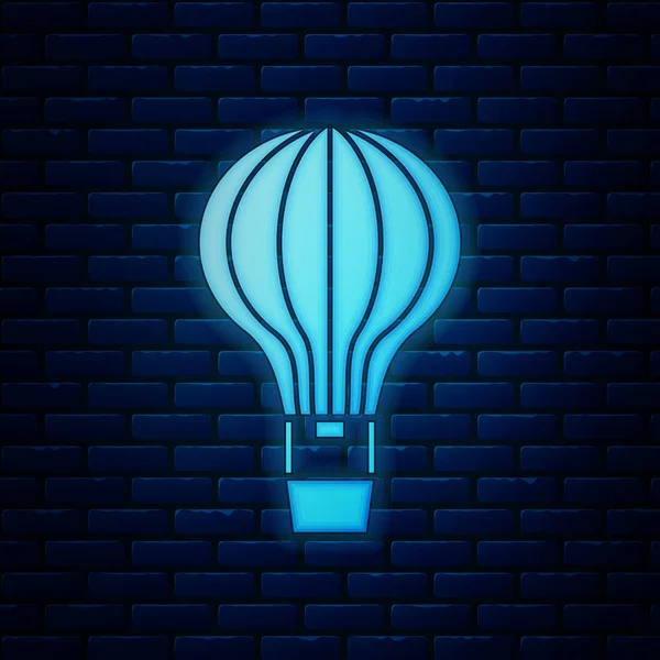 Icono de globo de aire caliente de neón brillante aislado en el fondo de la pared de ladrillo. Transporte aéreo para viajar. Ilustración vectorial — Archivo Imágenes Vectoriales