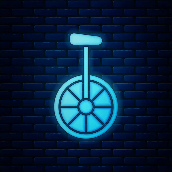 Icono brillante de neón monociclo o bicicleta de una rueda aislado en el fondo de la pared de ladrillo. Bicicleta monomotor. Ilustración vectorial — Archivo Imágenes Vectoriales