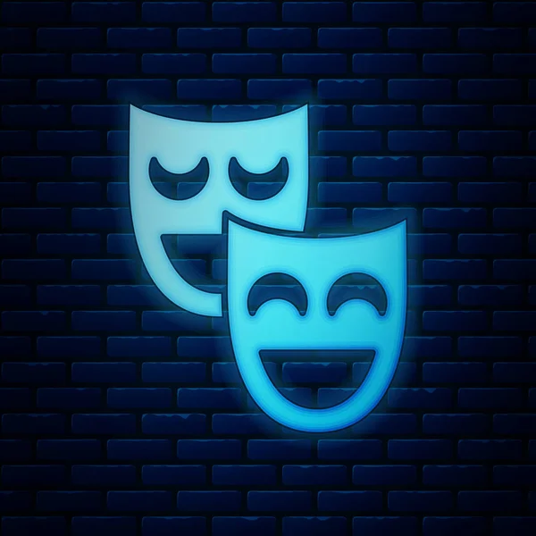 Brillante neon Commedia maschere teatrali icona isolata su sfondo muro di mattoni. Illustrazione vettoriale — Vettoriale Stock