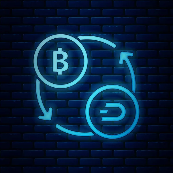 Leuchtendes neonfarbenes Kryptowährungsaustauschsymbol isoliert auf Ziegelmauer-Hintergrund. Bitcoin, um das Börsensymbol zu zerschlagen. Kryptowährungstechnologie, mobiles Banking. Vektorillustration — Stockvektor