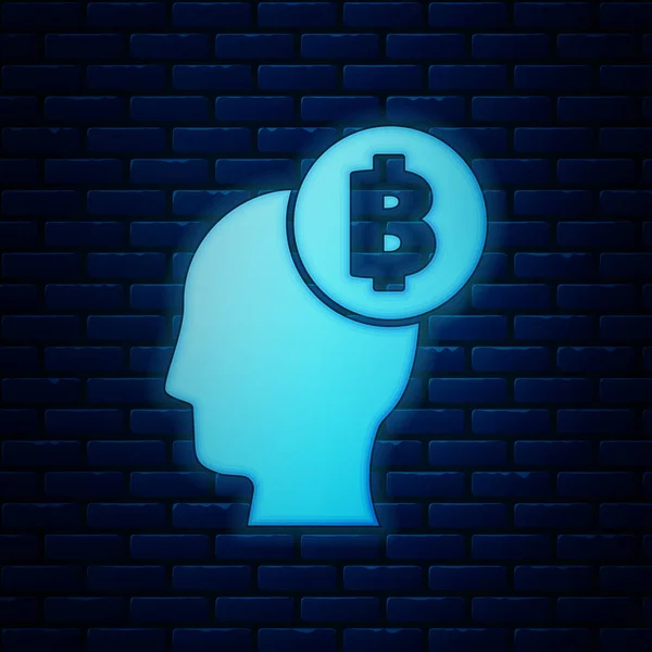 Glödande Neon Bitcoin tror ikonen isolerad på tegelvägg bakgrund. Kryptovaluta huvud. Blockchain-teknik, digitala penningmarknaden, cryptocoin plånbok. Vektor illustration — Stock vektor