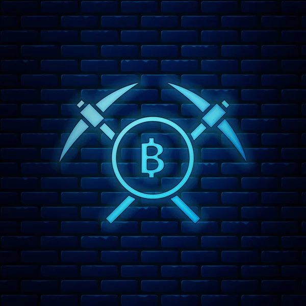 Glödande Neon korsade hacka ikonen isolerad på tegelvägg bakgrund. Blockchain-teknik, kryptovaluta gruvdrift, Bitcoin, altcoins, digitala penningmarknaden. Vektor illustration — Stock vektor