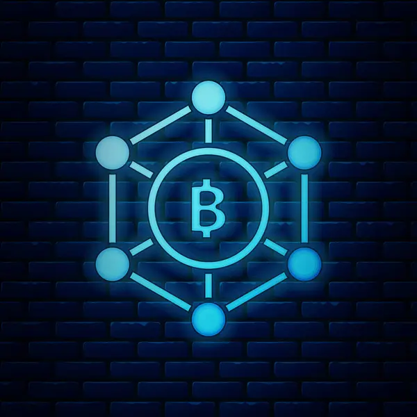 Glödande Neon blockchain-teknik Bitcoin ikon isolerad på tegelvägg bakgrund. Abstrakt geometrisk blockkedja nätverksteknik verksamhet. Vektor illustration — Stock vektor