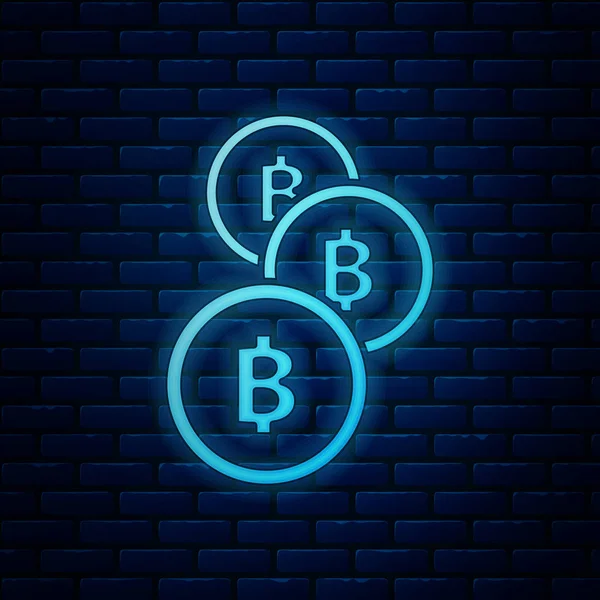Glödande Neon kryptovaluta mynt Bitcoin ikon isolerad på tegelvägg bakgrund. Fysisk bit mynt. Blockchain-baserad säker krypto valuta. Vektor illustration — Stock vektor