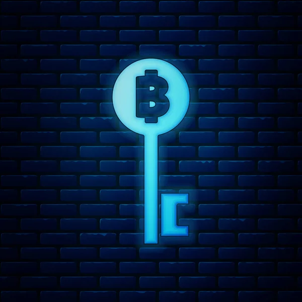 Glödande Neon kryptovaluta Bitcoin nyckelikon isolerad på tegelvägg bakgrund. Begreppet cybersäkerhet eller digital nyckel med teknik gränssnitt. Vektor illustration — Stock vektor