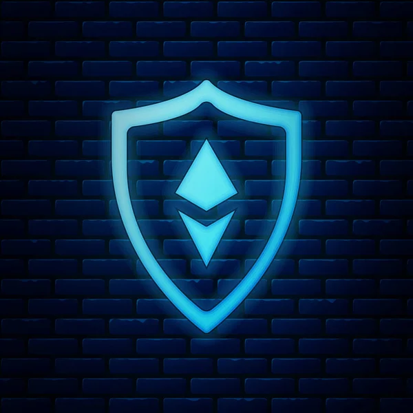 Izzó neon Shield Ethereum ETH ikon izolált téglafal háttérben. Cryptocurrency bányászat, blockchain technológia, a biztonság, védelme, a digitális pénz. Vektoros illusztráció — Stock Vector