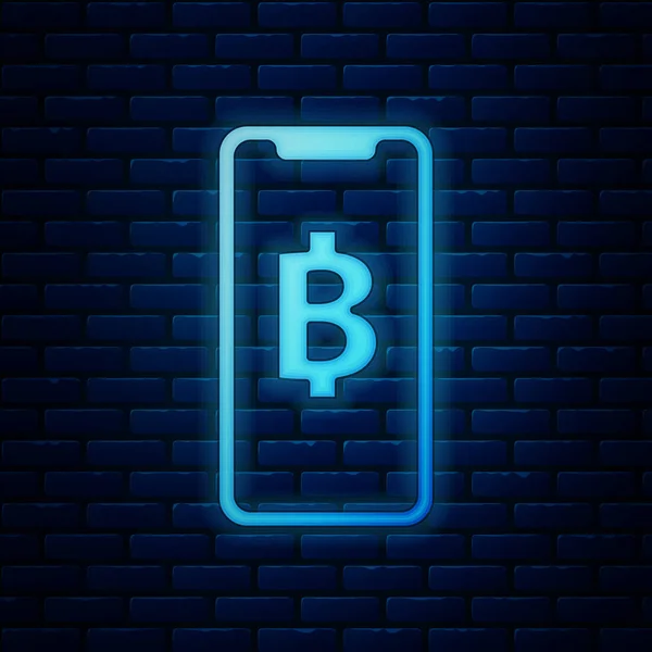 Glödande Neon telefon mobil och kryptovaluta Coin Bitcoin ikon isolerad på tegelvägg bakgrund. Fysisk bit mynt. Blockchain-baserad säker krypto valuta. Vektor illustration — Stock vektor