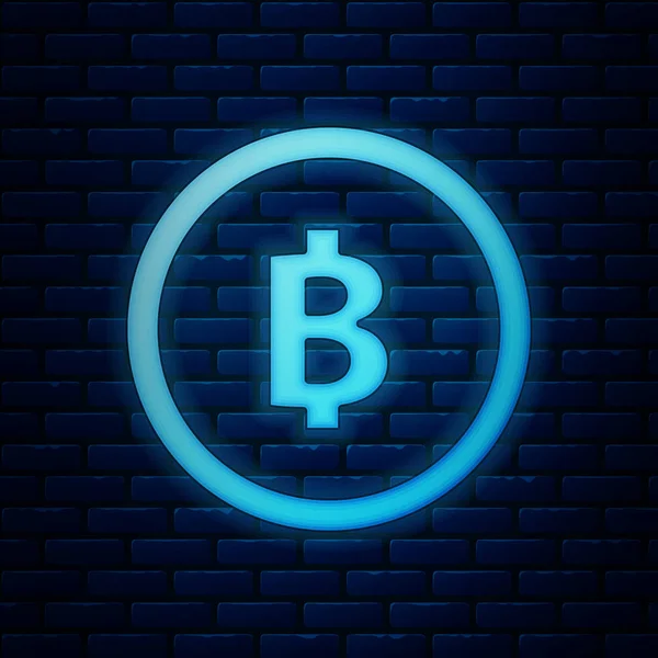 Brillante moneda de neón criptomoneda icono de Bitcoin aislado en el fondo de la pared de ladrillo. Una moneda física. Blockchain basado en criptomoneda segura. Ilustración vectorial — Vector de stock