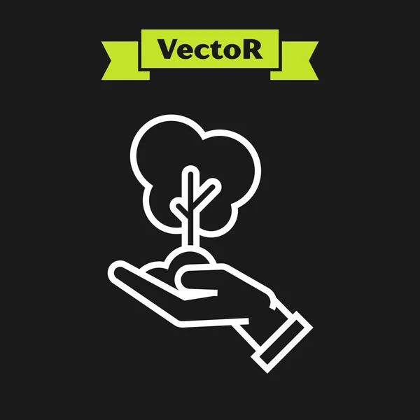 Ligne blanche Arbre en main de l'icône de protection de l'environnement isolé sur fond noir. Semence et semis. Planter des plantules. Concept d'écologie. Illustration vectorielle — Image vectorielle