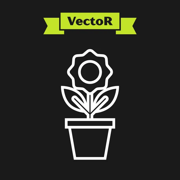 Ligne blanche Fleur en pot icône isolée sur fond noir. Plante poussant en pot. Panneau végétal en pot. Illustration vectorielle — Image vectorielle