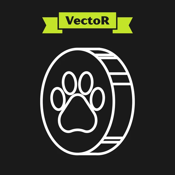 White line Paw print icon isolated on black background. Dog or cat paw print. Animal track. Vector Illustration