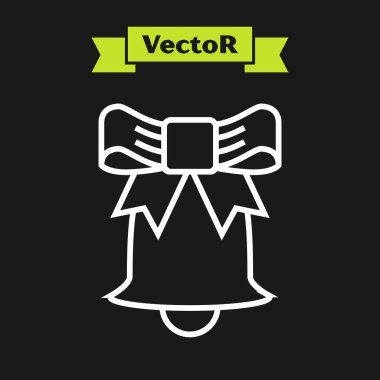 Beyaz çizgi zil simgesi siyah arkaplanda izole edildi. Alarm sembolü, servis zili, el zili işareti, uyarı sembolü. Vektör İllüstrasyonu