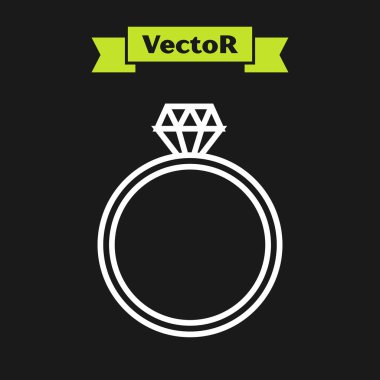 Beyaz çizgi Elmas nişan yüzüğü simgesi siyah arka plan üzerinde izole. Vektör İllüstrasyonu
