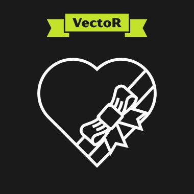 Beyaz çizgi Şeker kalp şeklinde kutu ve yay simgesi siyah arka plan üzerinde izole. Sevgililer Günü. Vektör İllüstrasyonu