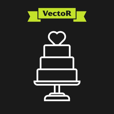 Beyaz çizgi Siyah arka plan üzerinde izole kalp simgesi ile Düğün pastası. Vektör İllüstrasyonu