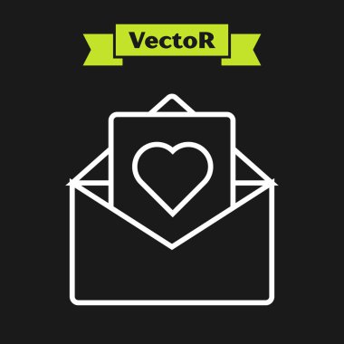 Siyah arka plan üzerinde izole Valentine kalp simgesi ile Beyaz çizgi Zarf. Mesaj aşk. Mektup aşk ve romantizm. Vektör İllüstrasyonu